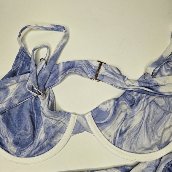 Naked Wardrobe Swim Marbled Smoked Blue 2 pc Wired Bra High Wasted Bottom sz L​ - Picture 7 of 8